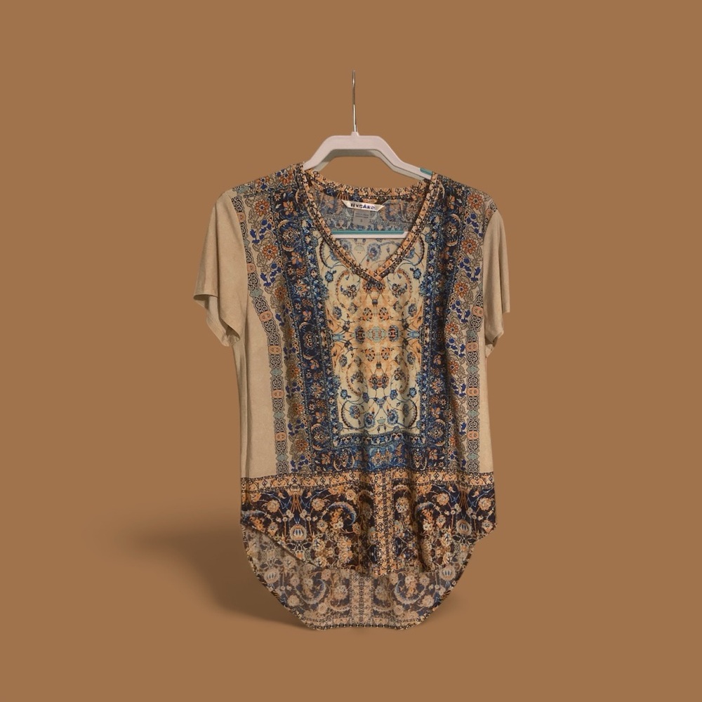 Peter Nygard Beige and Blue Patterned Short Sleeve Top